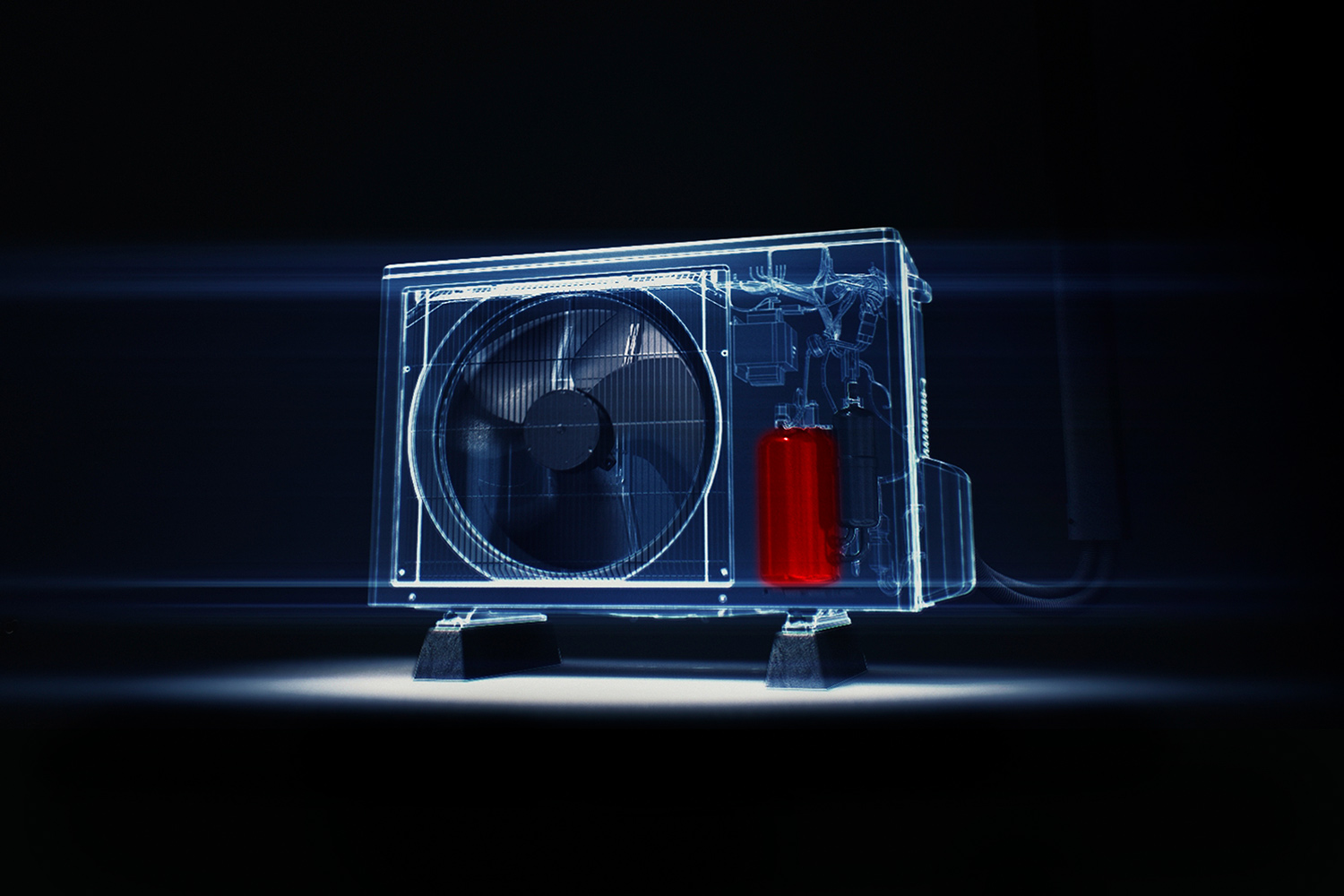 Røntgenbilde av varmepumpe utedel. Illustrasjon.