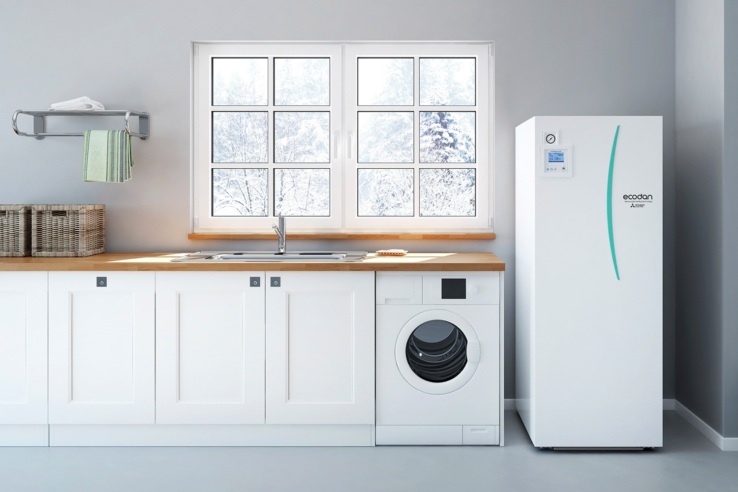 Ecodan på vaskerom. Foto.