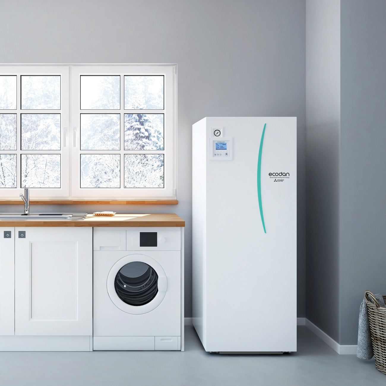 Ecodan på vaskerom. Foto.