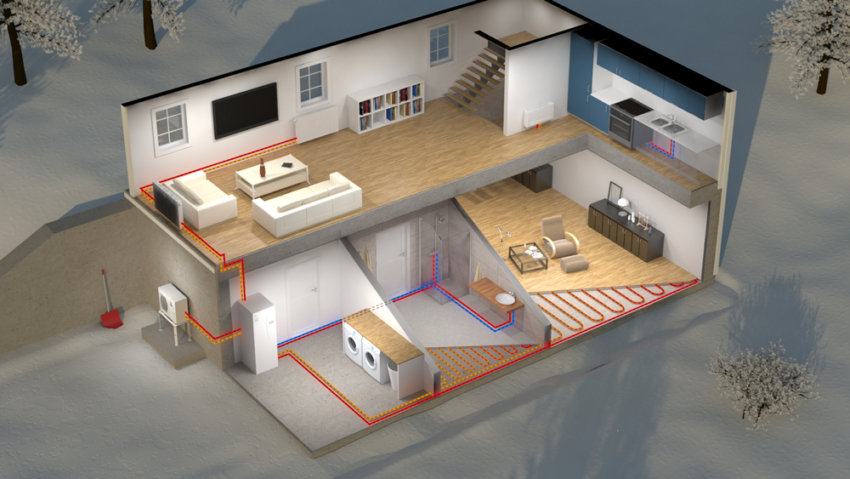 Illustrasjon hus med rominndeling og vannrør. Foto.