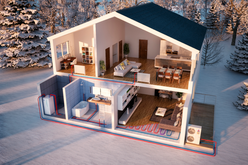 Illustrasjon av huse, rominndeling og vannrør. Illustrasjon.