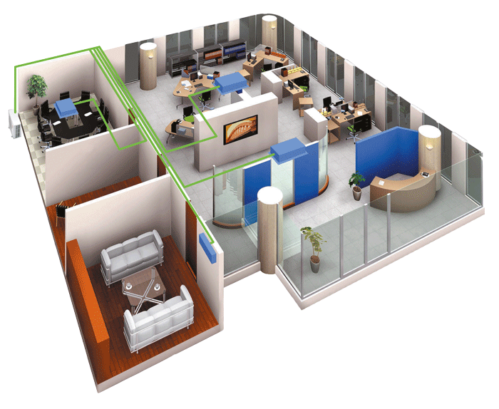 Rominndeling med Luft/Luft i forskjellige rom. Illustrasjon.