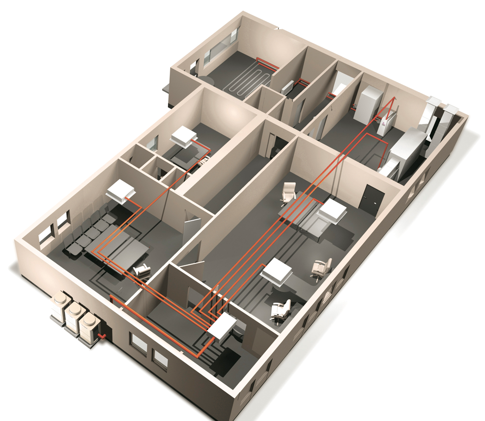 Rominndeling med Luft/Luft i forskjellige rom. Illustrasjon.