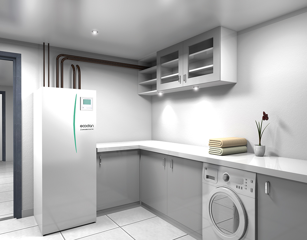 Ecodan på vaskerom. Foto.